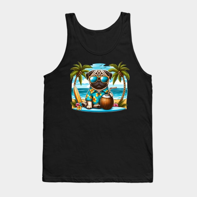 Funny Pug with Sunglasses on a Surf Board Tank Top by CreativeSparkzz